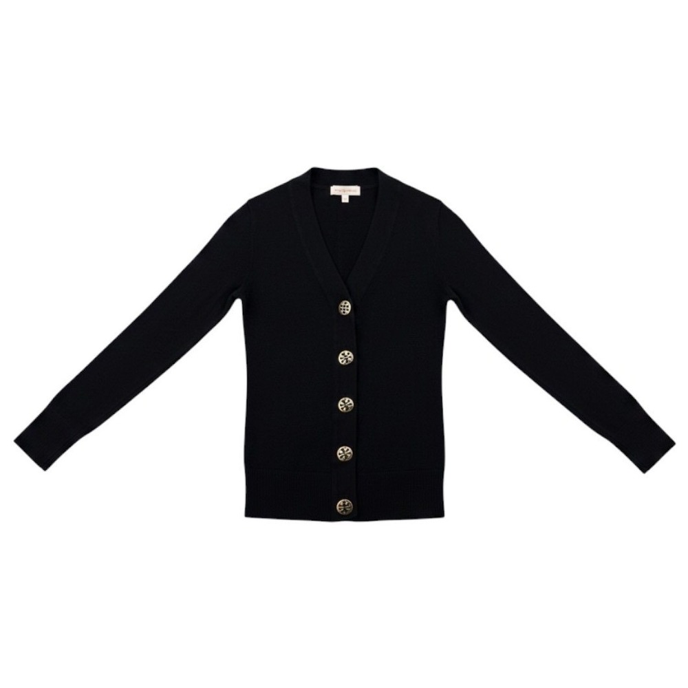 Tory Burch Simone Cardigan Womens S Black 100% Merino Wool Gold Logo Buttons